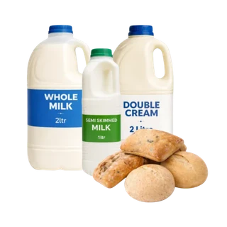 Milk bottles and bread rolls