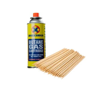 Butane gas canister and wooden sticks