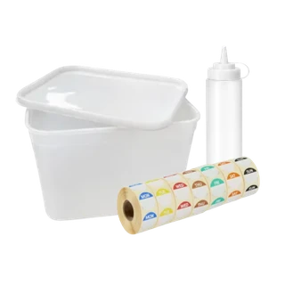 Food containers, labels and squeezy bottle