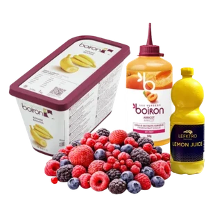 Frozen fruit, frozen puree, lemon juice, frozen mixed berries