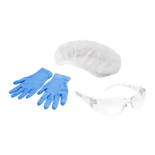 Blue gloves, hair net and safety glasses