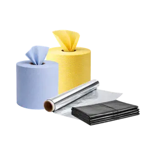 Blue roll, yellow roll, foil, cling film and bin sacks