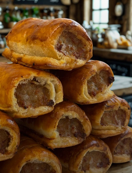 A stack of golden handmade sausage rolls