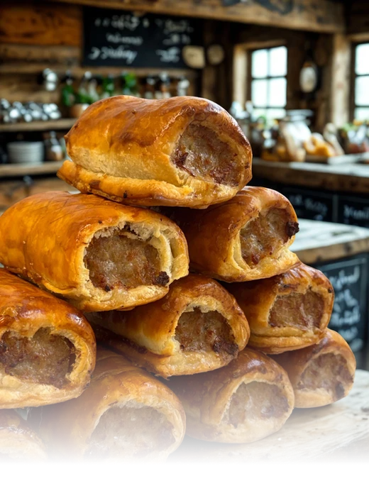 Sausage rolls stacked on a kitchen counter