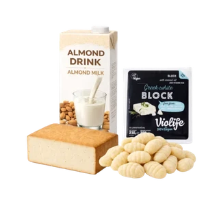Vegan milk, tofu, cheese and gnocchi products